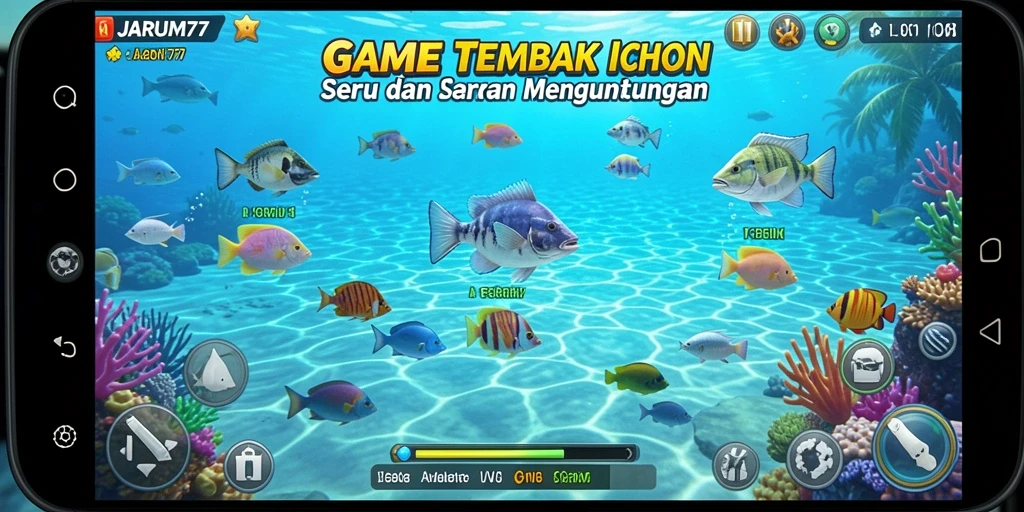 Tampilan gameplay JARUM77 dengan ikan-ikan berwarna-warni di lautan.